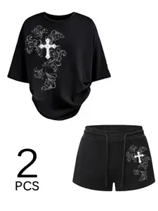 🔥Gothic Cross Baroque Two-Piece Set | Women's Loose T-Shirt & Waist-Tie Shorts | Dark Y2K Street Style | Soft and Casual Summer Loungewear | Avant-Garde Alternative Fashion