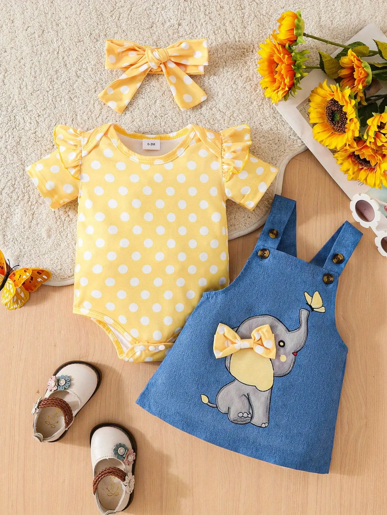 Baby Girl 2-Piece Outfit Set, Casual Polkadot Strap Dress with Short-Sleeve Cartoon Elephant Romper, Spring Summer Baby Girl Clothes, Polkadot Dress, Toddler Outfit, Cute Dresses