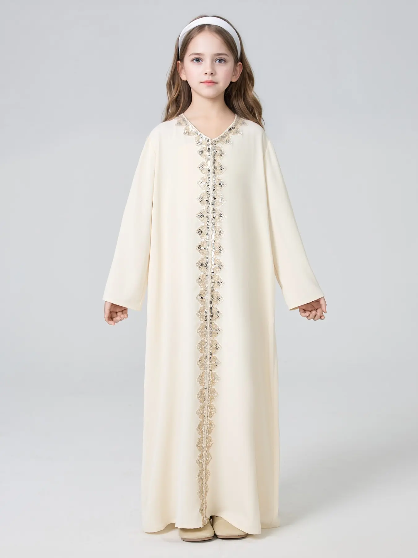 Girls' V-Neck Plain Long Dress Abaya, Loose Fit Modest Design, All Seasons Wear, Long Sleeve, Pure Color, Middle East Muslim Style, Islamic Abaya, Modesty Abaya
