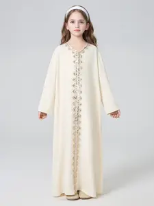 Girls' V-Neck Plain Long Dress Abaya, Loose Fit Modest Design, All Seasons Wear, Long Sleeve, Pure Color, Middle East Muslim Style, Modesty Abaya