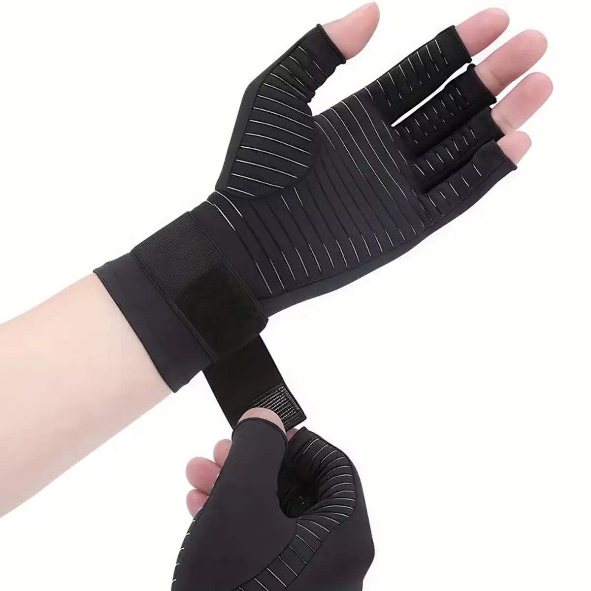 Unisex Compression Support Copper Gloves, Breathable Anti-Slip Fitness Gloves with Silver Stripes, Pain Relief for Arthritis and Office Work, Non Slip Gloves