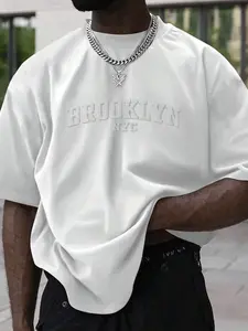 Men's Plain Letter Embossed  Drop Shoulder Tee, Regular Fit Casual Short Sleeve Round Neck T-shirt for Summer, Fashion Men's Top for Daily Wear