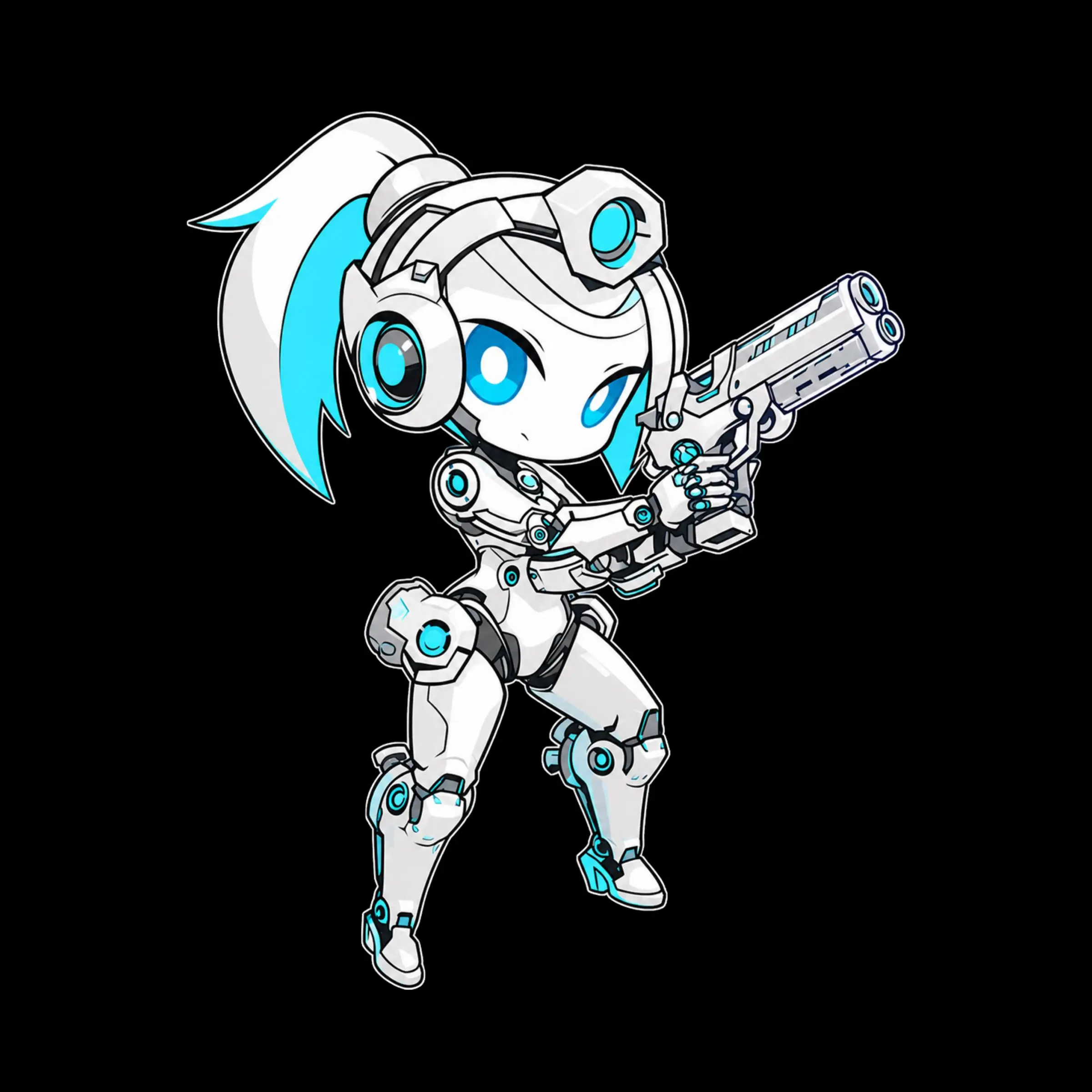 White Ponytail Chibi Robot Sticker, Cyan Mecha Armor Decal for Laptop, Bottle, Notebook