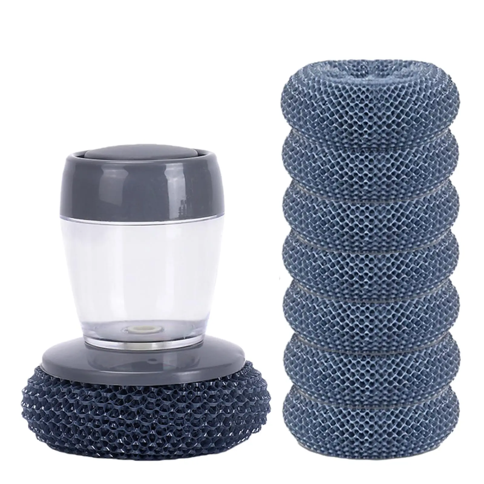 Comfort Grip kitchen scrubbing soap dispenser with 7 cleaning balls; dish brush with soap dispenser (soap not included); replaceable cleaning brush for dishes, pots, pans, and sinks (1 + 7 pcs balls).