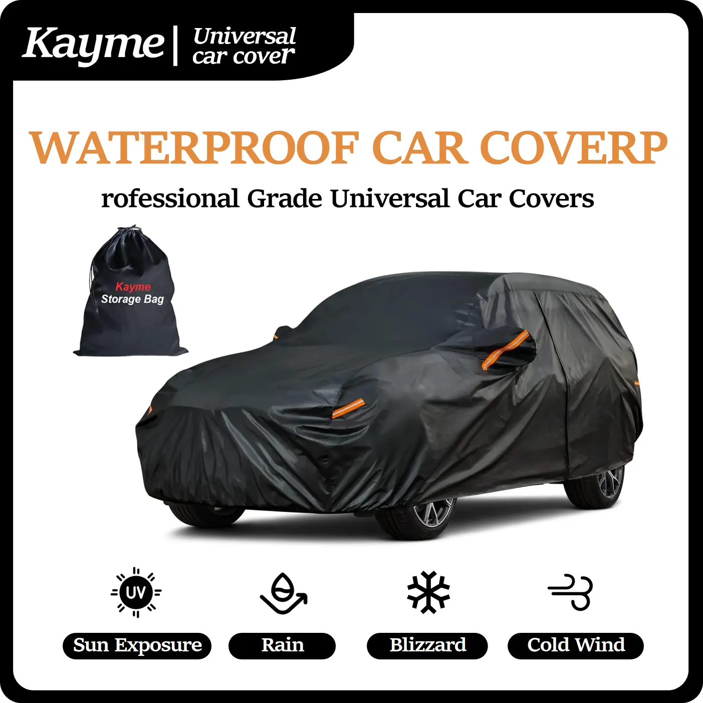 Waterproof All Weather Car Cover Heavy Duty 7-Layer Outdoor Full Exterior Cover with Reflective Strips Universal Fit for Sedan SUV Coupe Fits 165"-200" KAYME