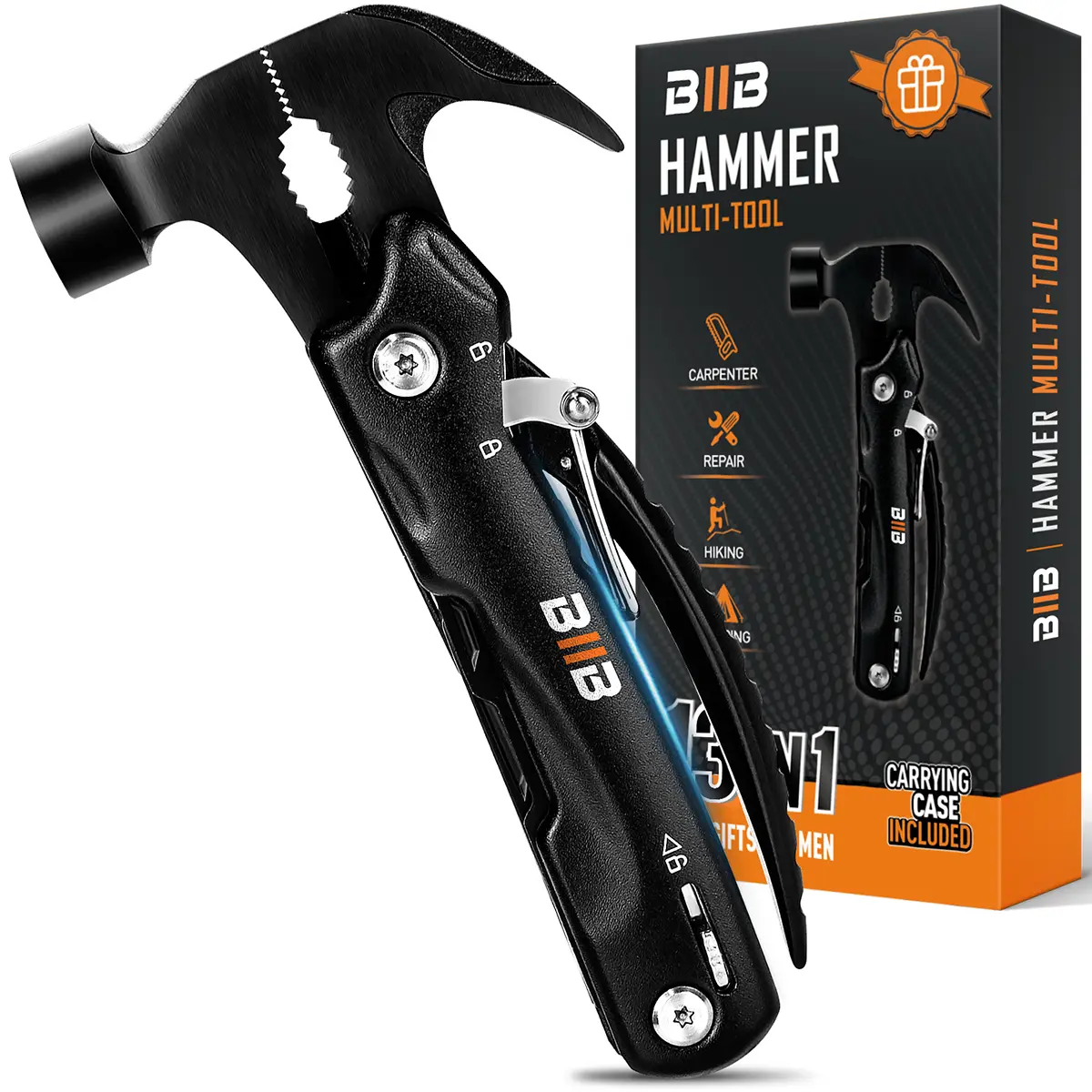 BIIB Portable 12-in-1 Hammer Multitool - Hardware Hand Tool, Fathersdaygift for Dad, Camping & Survival Gear for Men