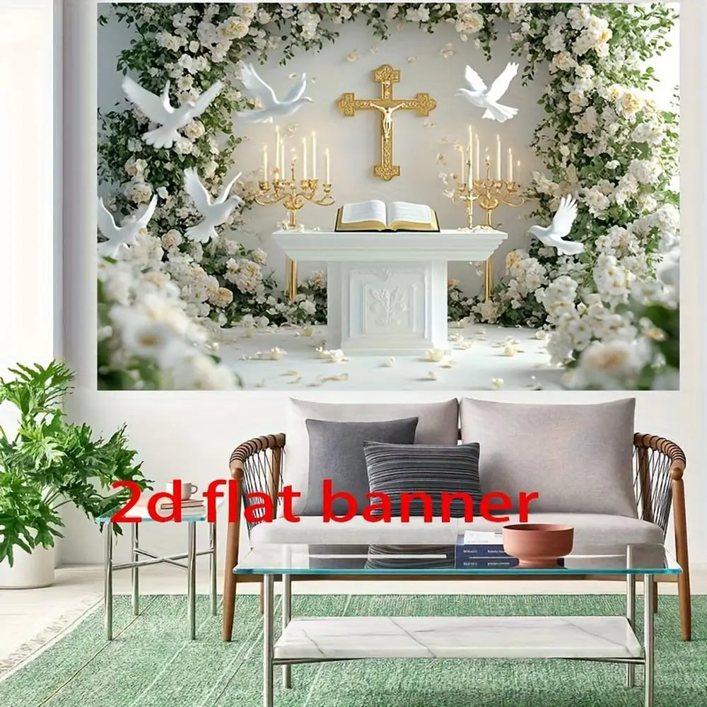 2D Flat - 2D Flat - A 2D Flat Banner Featuring a Christian Theme Backdrop That Includes a Cross, Candles, And a Floral Dove Design. This Durable Polyester Backdrop Is Suitable for Church Celeb