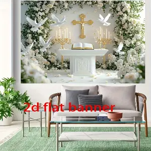 2D Flat - 2D Flat - A 2D Flat Banner Featuring a Christian Theme Backdrop That Includes a Cross, Candles, And a Floral Dove Design. This Durable Polyester Backdrop Is Suitable for Church Celeb