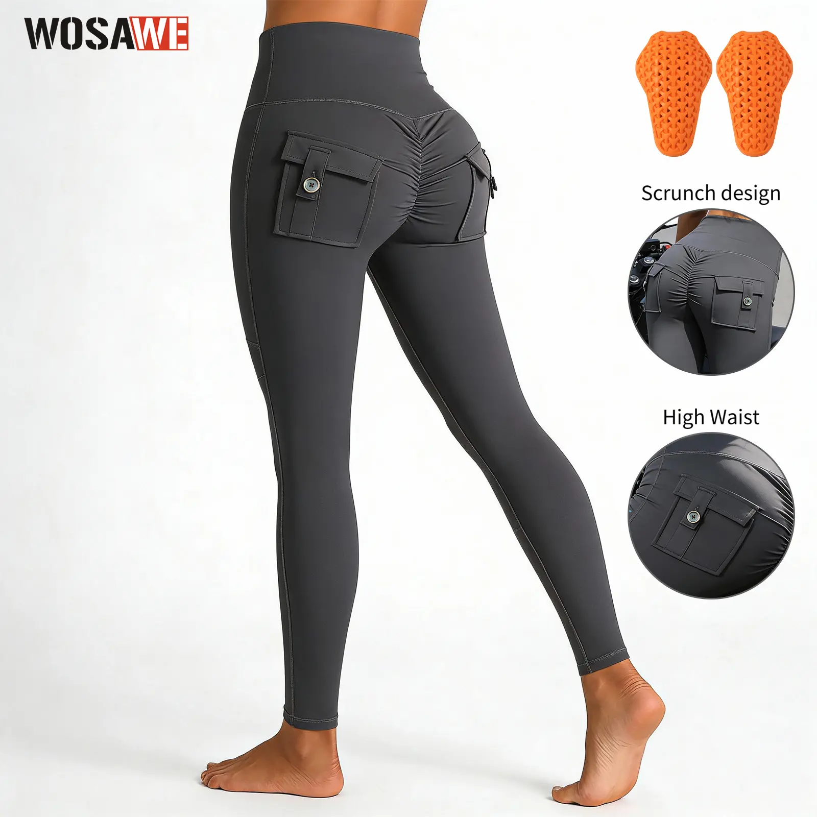 WOSAWE Women's High Waist Motorcycle Riding Leggings with Pockets - Yoga Fabric, Butt Lifting Cargo Pants, Removable Knee Pads, Reflective Safety Gear (Sizes S-XL), Gym Yoga Outfit