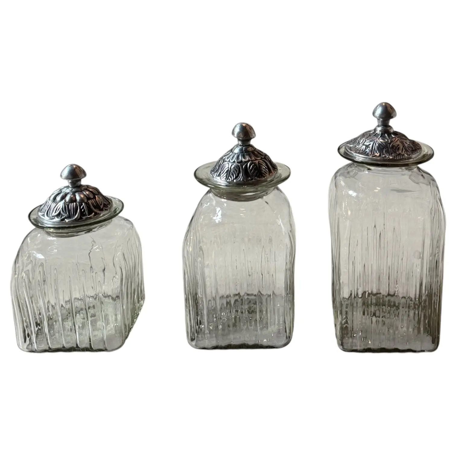 Set of Three Vintage Hand-Blown Glass Canisters with Pewter Lids