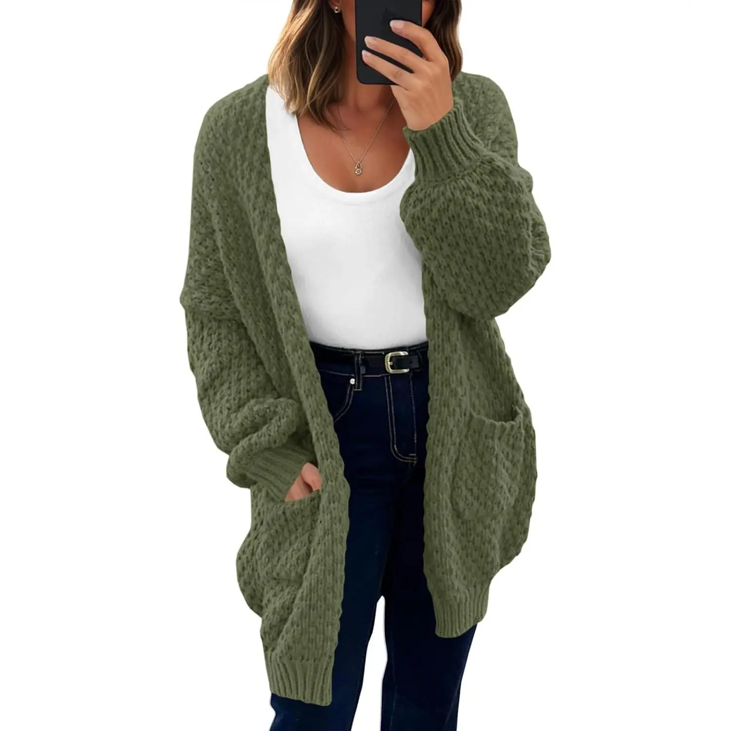 Women's Oversized Chunky Knit Cardigan - Casual Open-Front Tops with Lantern Long Sleeves, Pockets for Fall Knitwear
