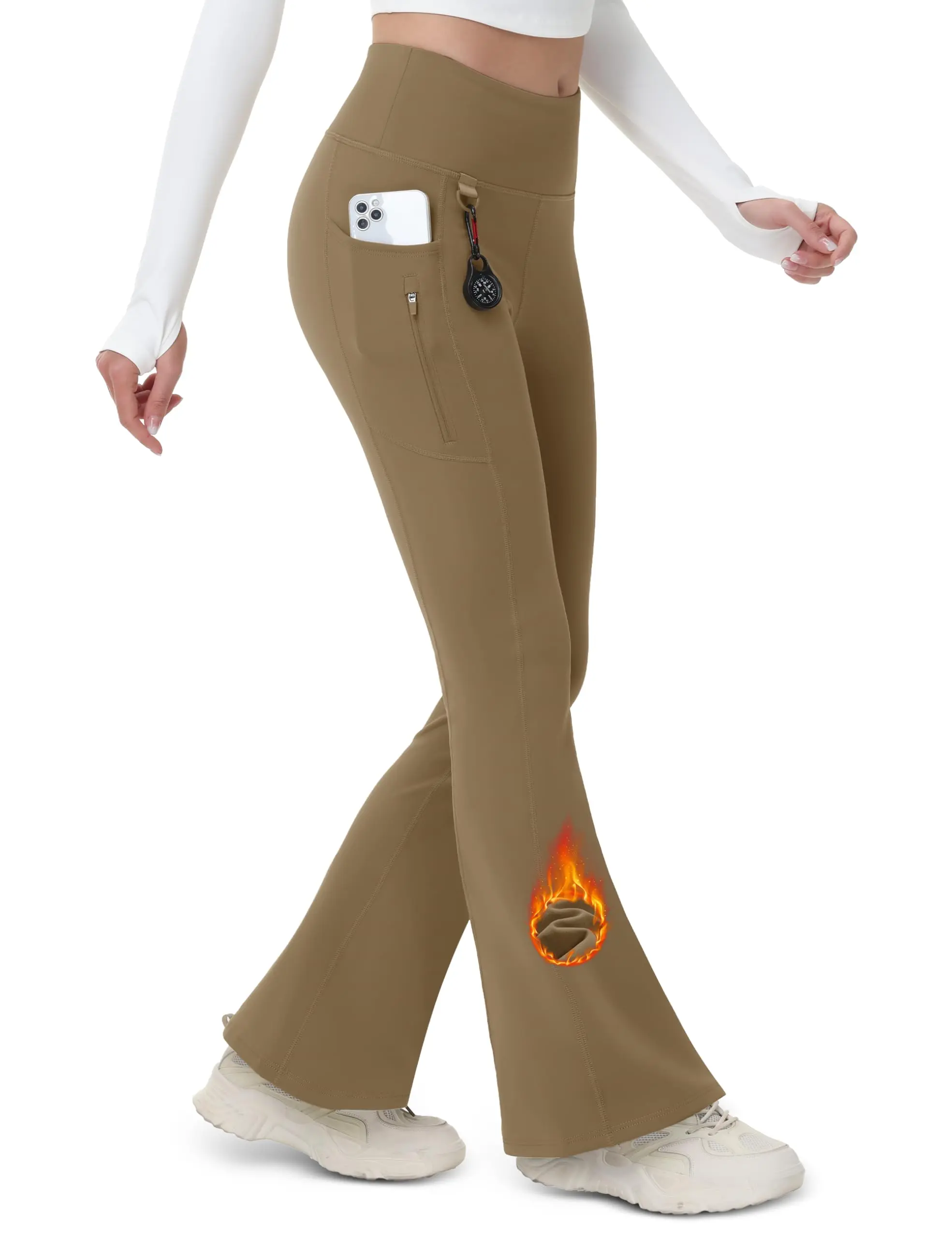 Cotrasen Women's Fleece Lined Flare Leggings Waterproof Insulated Winter Pants Warm Snow Yoga Hiking Bootcut 3 Pcokets