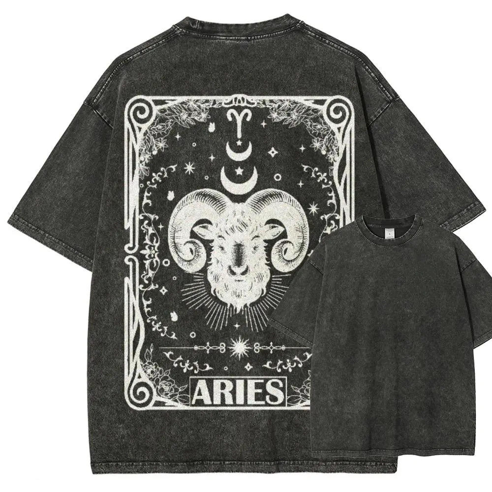 Women's Zodiac Tarot Oversized Short-Sleeve Round Neck Washed T-Shirt - Garment-Dyed Twist Fabric Streetwear Tee, Unisex Top