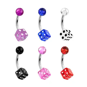 14G Externally Threaded UV Acrylic Dice Curved Barbell Navel Belly Button Ring Surgical Steel Piercing Jewelry Sold Individually