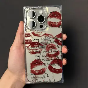 1 piece Fashion square design sexy red lip print anti-drop shockproof full cover mobile phone case for iPhone 16pro Max/16pro/16plus/16/15/14/13/12 cute and fashionable Halloween Valentine's Day Christmas gift