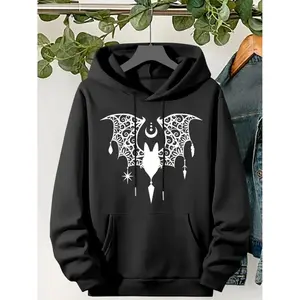 Halloween Hoodie for Plus Sizes - Bat Print, Casual Kangaroo Pocket, Drawstring, Long Sleeve Hooded Sweatshirt, Women's Plus Size Clothing Hoodie