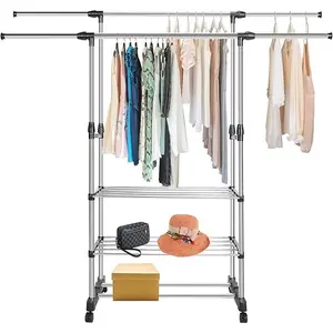 Extendable Rolling Clothing Garment Rack Hanging Rail with Wheels for Pillow Shoe Display Storage 77LBS Capacity-3176 weight