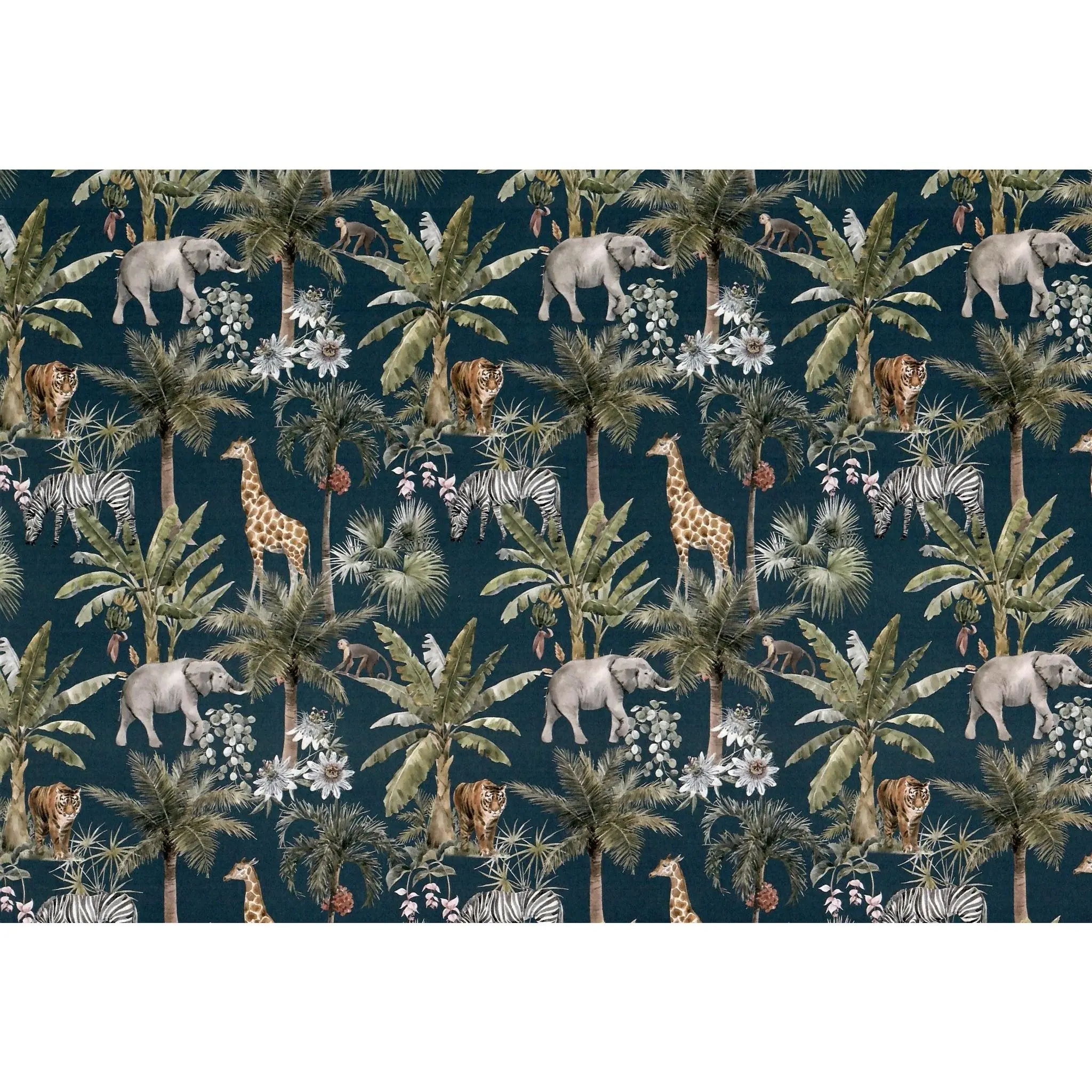 Dollhouse Wallpaper Jungle Print Elephants Tigers Zebras Navy Blue 3 Sheets