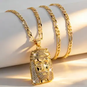 Hip Hop Head Charm Pendant Necklace for Men 14K Gold Plated 3A CZ Exquisite Jewelry Gift for Friends Party Fashionable Accessory