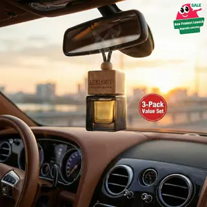 AESHORY Car Air Freshener Hanging Aroma Diffuser 3-Pack - Natural Wooden Cap Glass Bottles, Lasting Essential Oil Fragrance, Suitable for Cars, Fresh Citrus and Wooden Aroma, Fashionable Car Perfume for Both Men and Women