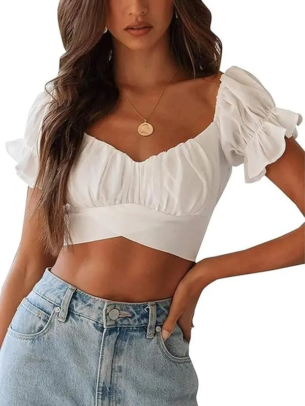 Womens Tie Up Back Crop Ruffle Coquette Soft Blouse Short Sleeve Off Shoulder Blouse Tops Plain Comfort Shirts cute latina tops crop tops women latina