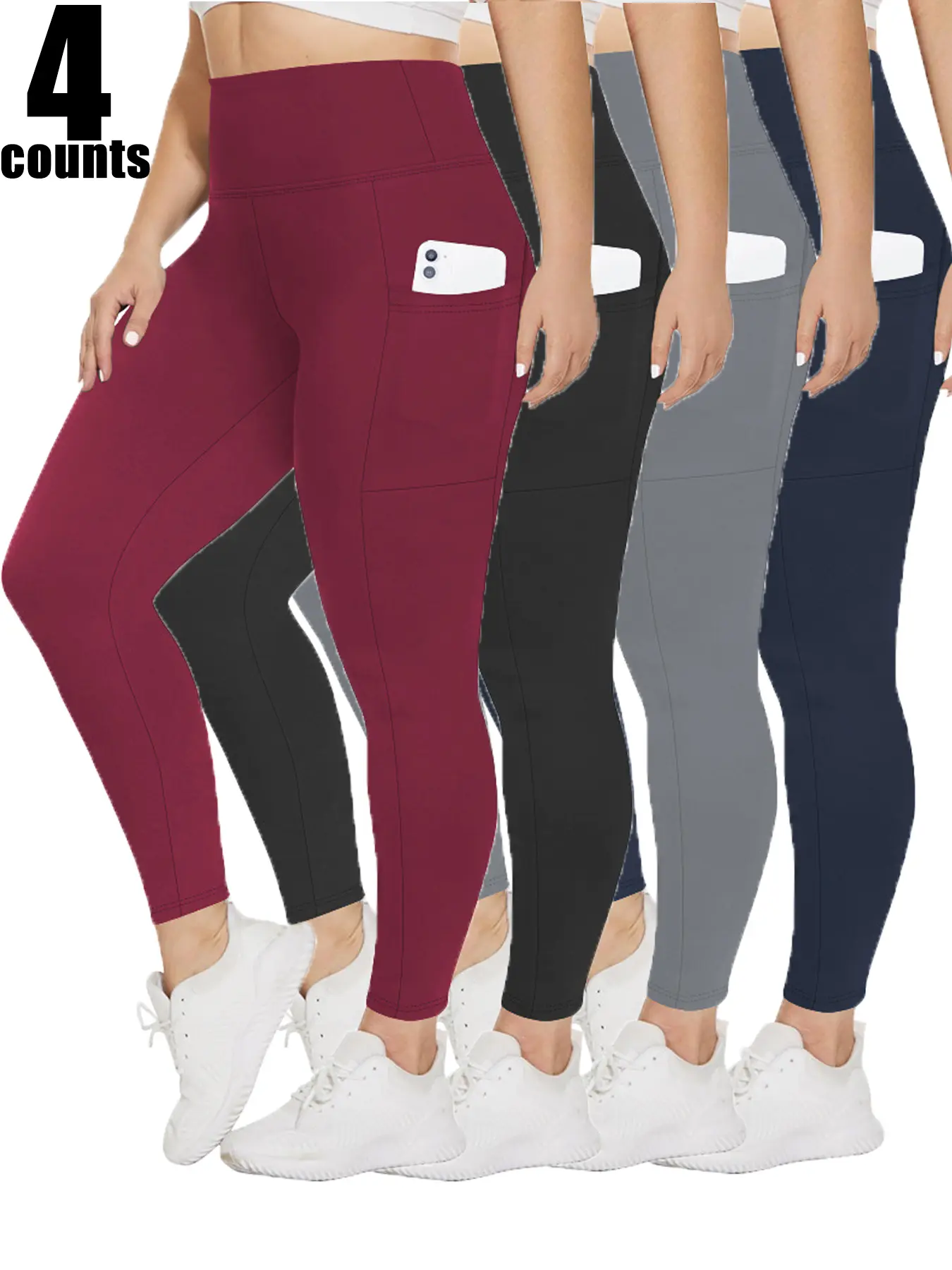 4-piece women's plus size solid yoga pants, high elastic abdomen and buttocks, suitable for sports and leisure yoga Legging Athletic