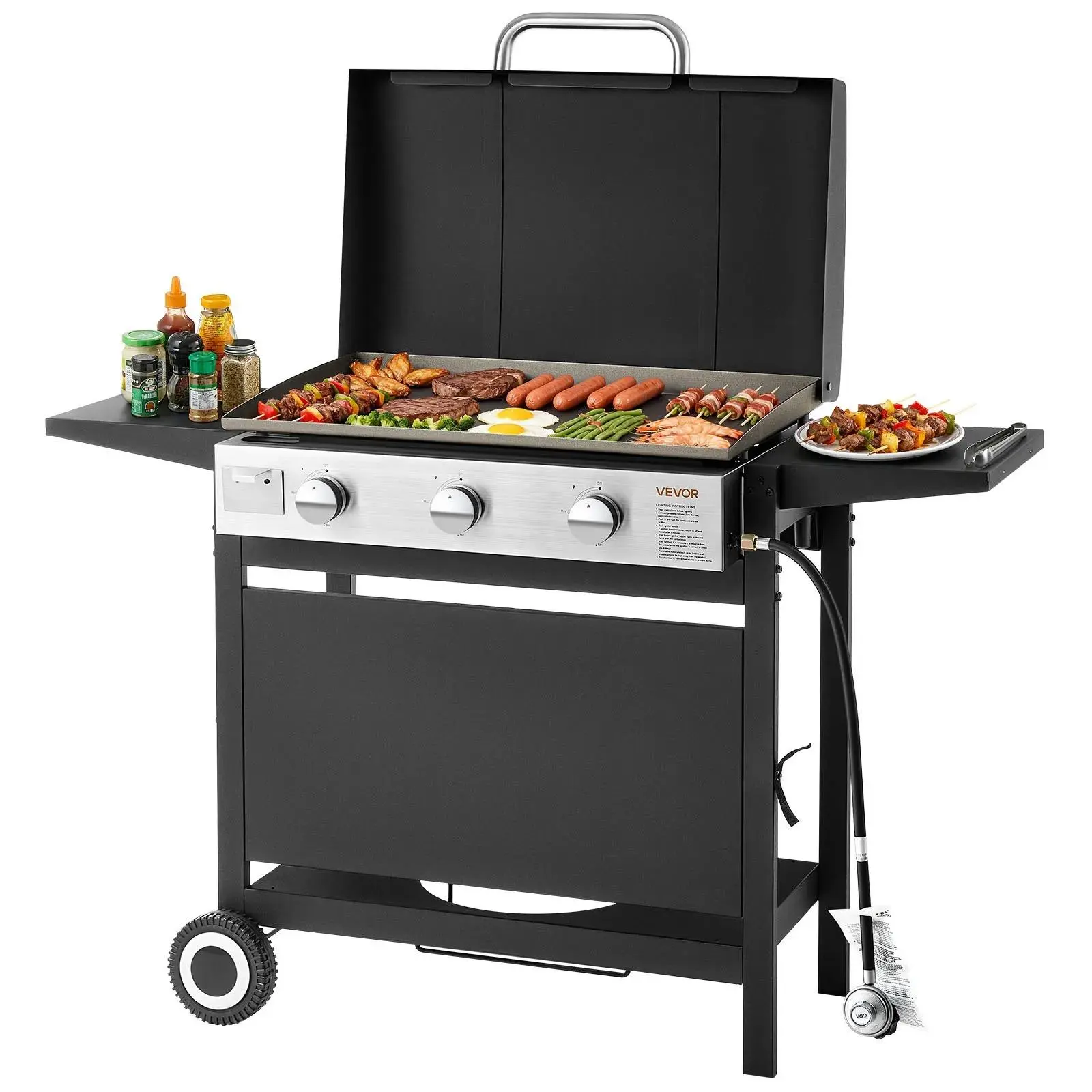 【Summerfinds】VEVOR Gas Griddle, 3-Burner Flat Top Grill, Propane Griddle with Wheels, Lid, 3 x 11000 BTU Outdoor Flat Top Grills for Pan-Frying, Grilling, Stir-Frying, & BBQ, Pulse Ignition, Removable Top Design