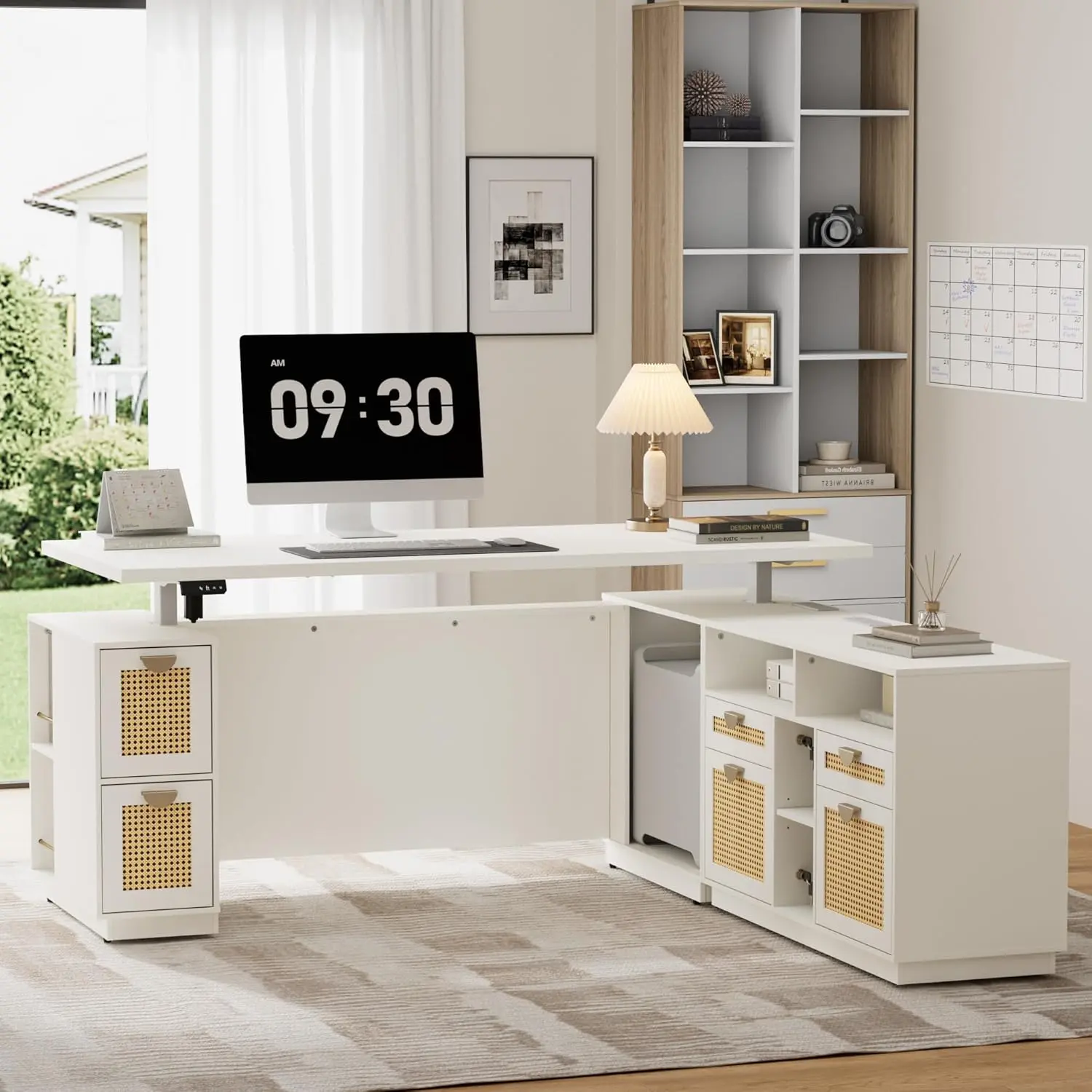 [2 Packages Shipping]ModernMate 71" L-Shaped Executive Auto-Adjust Distraction-Free Multi-Drawer Computer Workstation Desk, White Rattan Drawers, Engineered Wood Top, Base File Cabinet, Built-In Ports, Privacy Panel, Easy Install for Home & Office, Distra
