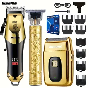 WEEME 3pcs Men's electric hairdresser set, hairdresser hairdresser set, household electric hairdresser set, USB charging electric hairdresser, alloy knife head, LCD display, carving shape, household car travel use, Father's Day gift