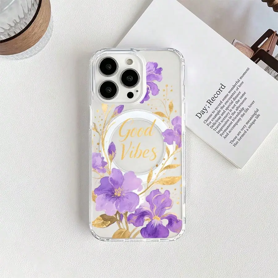 Purple Flower Gold Leaf Pattern Magnetic case compatible with iphone 16 pro max 15 pro,iPhone16 15 14 PLUS 13 12 11,with Samsung S22 fe s24 Ultra Plus samsung s23 ultra soft case shockproof phone accessory,fashion phone case cutephonecase junk
