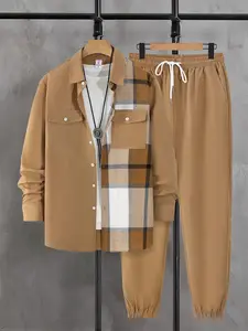 Men's Plaid Patchwork Print Button Front Shirt & Drawstring Waist Pants Two-piece Set, Casual Print Long Sleeve Pocket Top & Trousers for Spring & Fall, Men Clothes for Daily Wear, Menswear, Casual Outfit Set