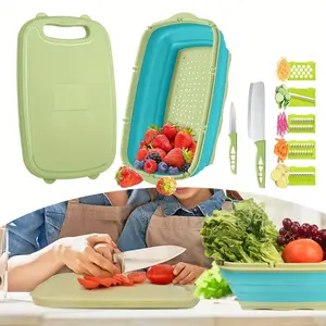 1 Set 9-in-1 Collapsible Chopping Board with Colander, Camping Cutting Board, Gifts for Campers Happy Camper, Camping Accessories for RV Campers (Blue Green)
