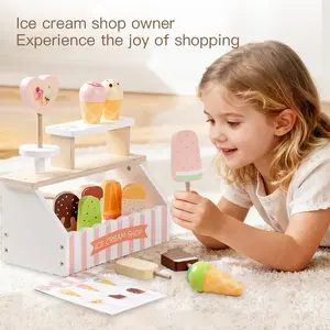 Wooden Ice Cream Shop Playset – Pretend Food Toy for Kids, Play Food Accessories | Pink Role Play Kitchen Set, Montessori Educational Gift for Girls 3+