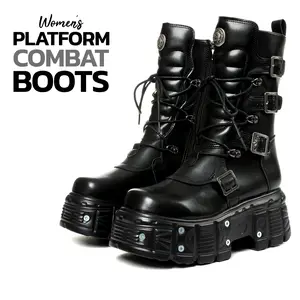 Platform Combat Boots For Women Goth Mid Calf Round Toe Chunky Block Heel Lace Up Side Zipper Buckles Motorcycle Biker Boots Gothic Trendy Booties