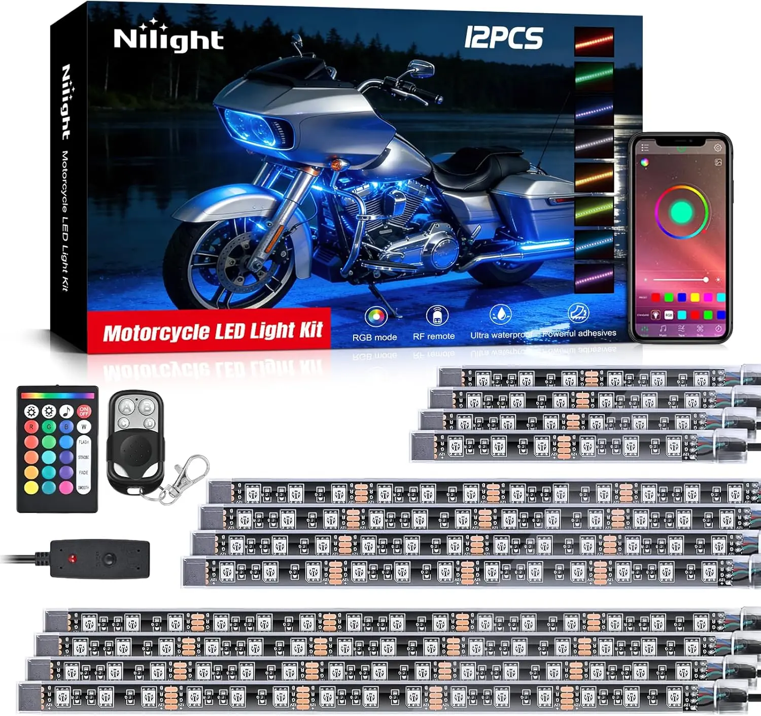 Nilight 12PCS Motorcycle RGB LED Strobe Light Kit - Waterproof Multifunctional Car LED Strips Light, APP & Remote Control, DIY Accessory for Harley, Kawasaki & Japanese Motorcycles