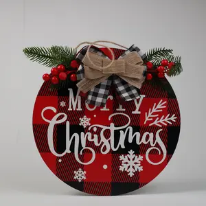 Rustic Buffalo Plaid "Merry Christmas" Wood Door Sign - Farmhouse Holiday Wall Decor with Bow and Berries