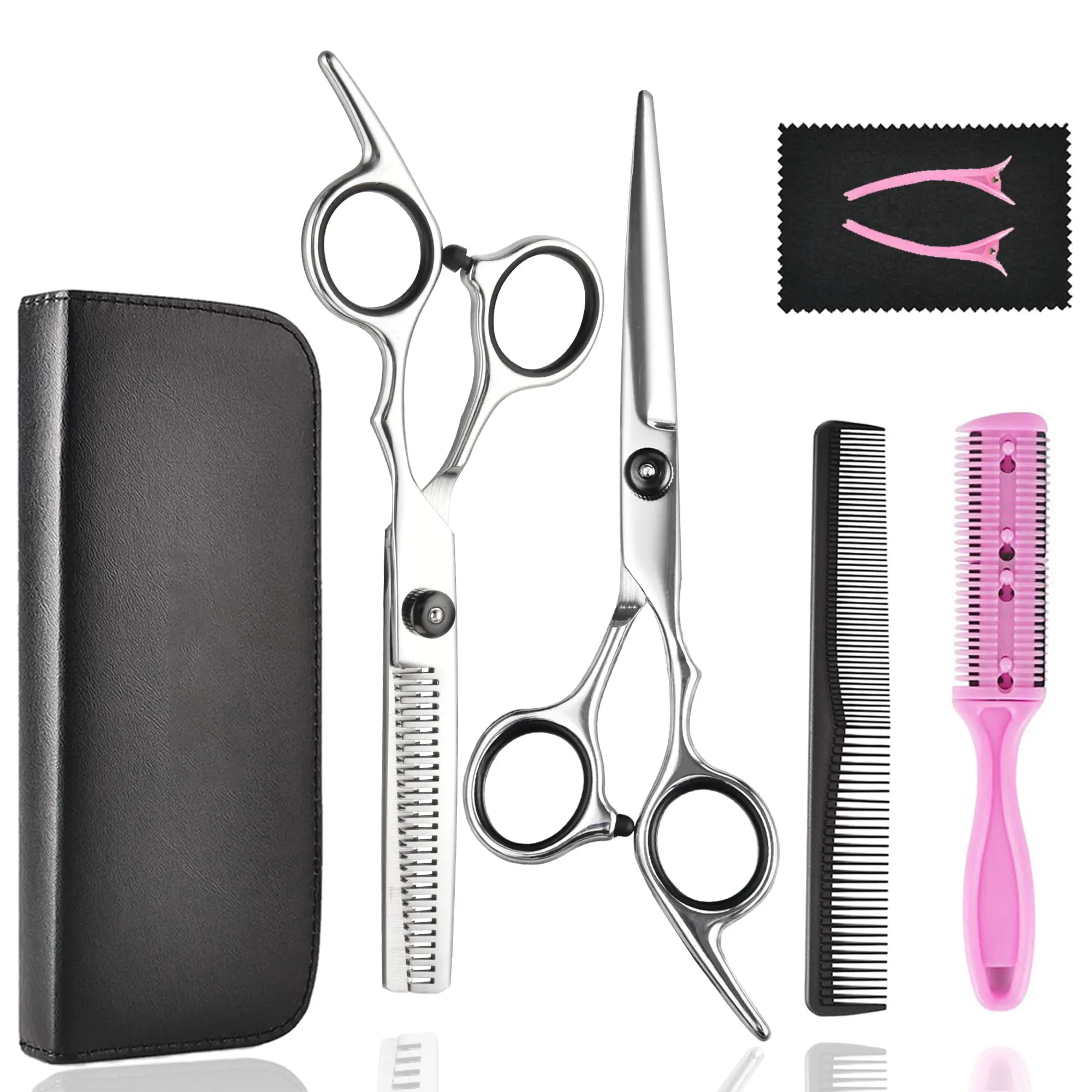 7-Pc Stainless Steel Professional Barber Hair Cutting Scissors & Thinning Shears Kit, Haircare Tool with Lightweight Ergonomic Design, Smooth High-Quality Blades, Comfortable Grip, Accessories & Leather Case for Men, Barber Equipment Kit Barbershop Tool K