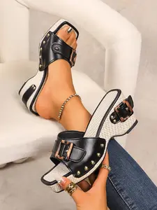 Women's Summer Fashion Rivet Decor Open Toe Platform Sandals, Comfortable Multifunctional Thick Sole Shoes, Plus Size 43, PU Leather, Sporty Style, Rubber Sole, Pu Leather Upper, Flatform
