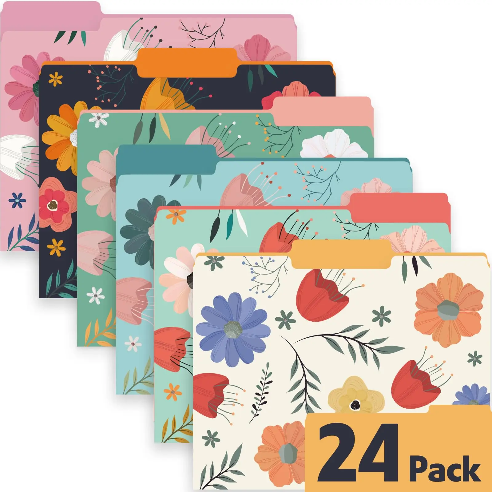 Girly Aesthetic Floral Colored File Folders - 24 Pack, 6 Assorted Styles, Letter Size 8.8"x11.6", 1/3 Cut Tab Office Stationery for Office & School Use, Girly Office Supplies