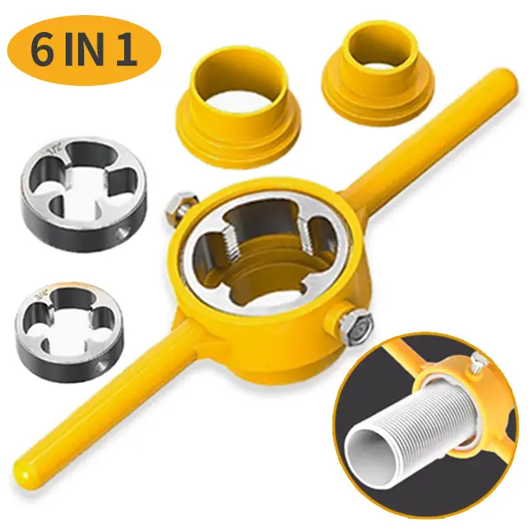 6-Pieces Multi-Size PVC/Plastic Pipe Threading Hand Tool Kit for DIY Plumbing - Includes 1”, 1/2”, 3/4” Heads, Manual Wrench, Threading Die