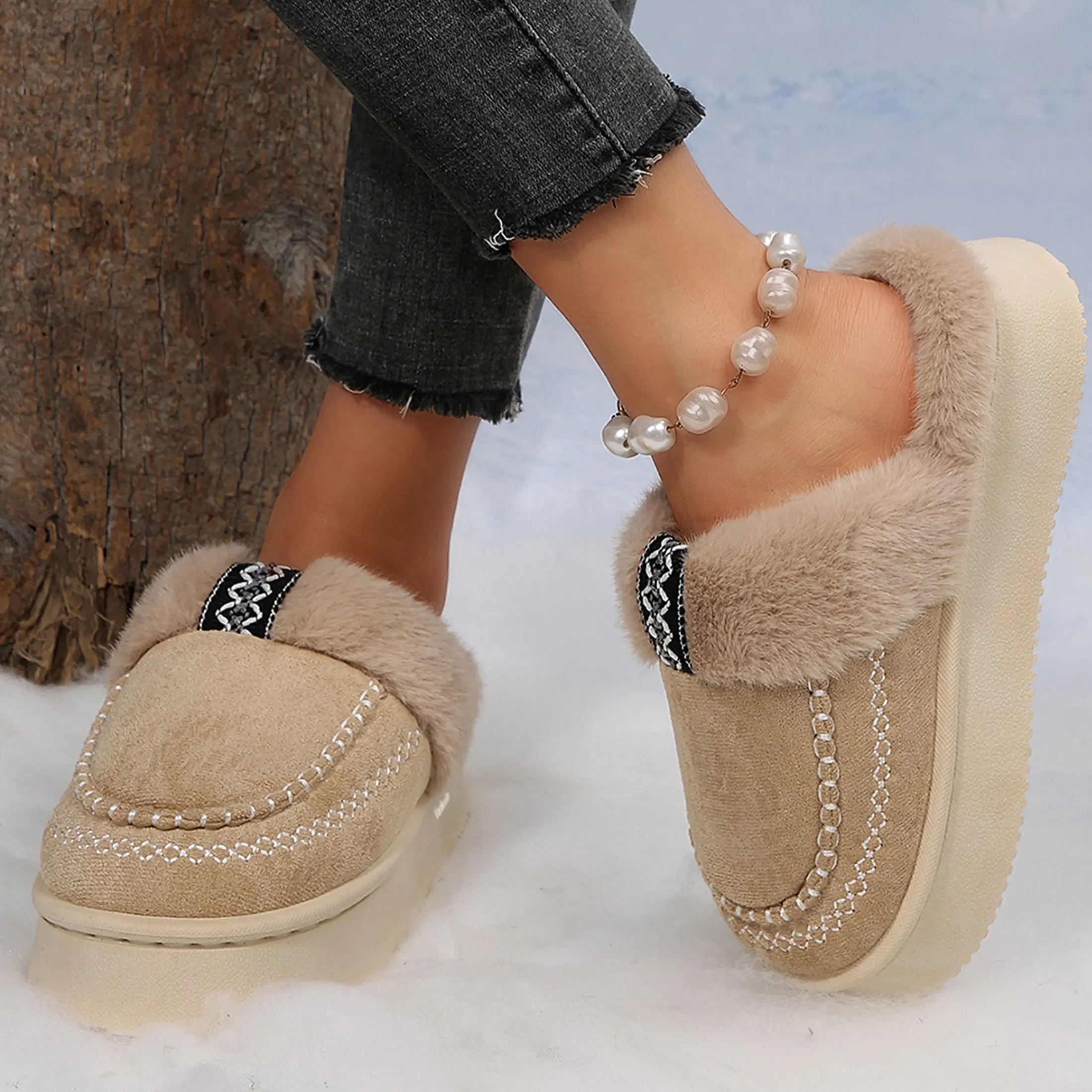 Suede Plush Platform Slippers for Women Stitched Design Warm Fleece-Lined Casual Footwear Indoor Outdoor Snow Boot House Shoes