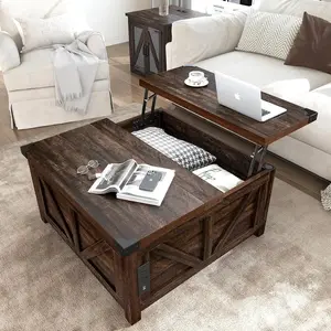 35.5" Square Lift Top Sofa Table with Charging Ports, Farmhouse Couch Table with Hidden Compartments, Living Room Center Table with USB & Type-C