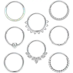 THUNARAZ 8 Pcs Shining Stainless Steel Septum Nose Rings for Women Men Hoop Rings 16G 18G Clicker Hinged Septum Cartilage Helix Conch Hoop Daith Piercing Jewelry 8mm 10mm Easy To Wear for Daily Outings Summer Vocation Christmas Gift