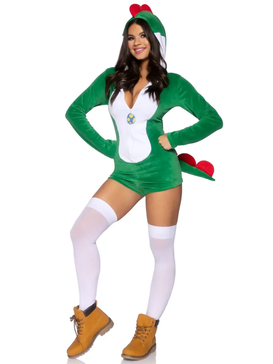 Leg Avenue Women's 1-Piece Comfy Plush Velvet Scalloped Zippered Dino Costume - Green & White, XS, Includes Stuffed Egg, LA Pet Accessories Compatible, with Cheeky Paneled Tail