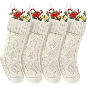 Christmas Stockings 18 Inches Long Knitted Socks Christmas Decoration Hanging Stocking for Fireplace Xmas Tree Home Family (4 White)