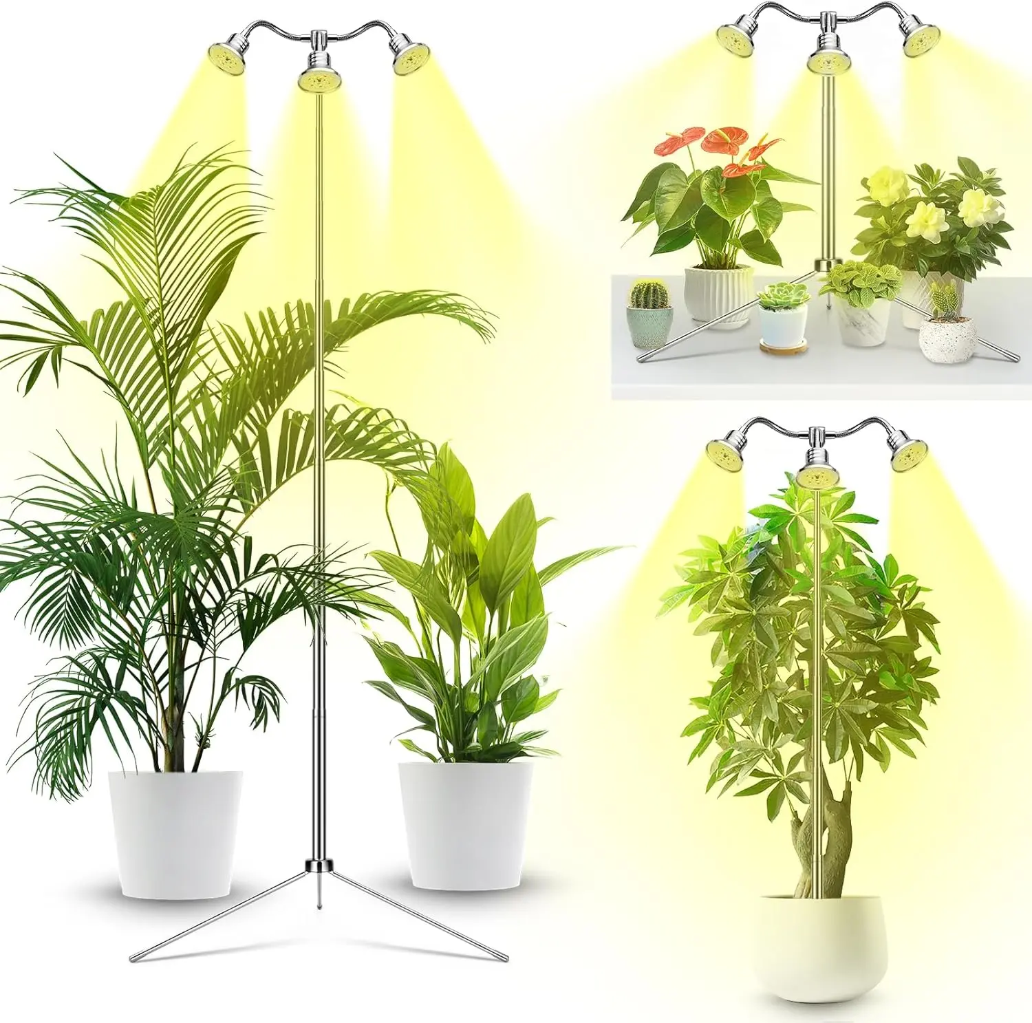 Full Spectrum Indoor Grow Light with 360° Rotatable Heads, Adjustable 15-62" Aluminum Alloy Tripod Stand, Timer Control, Auto On/Off, Detachable Parts for Greenhouses & Seed Starters, Height 15-62", Indoor Use