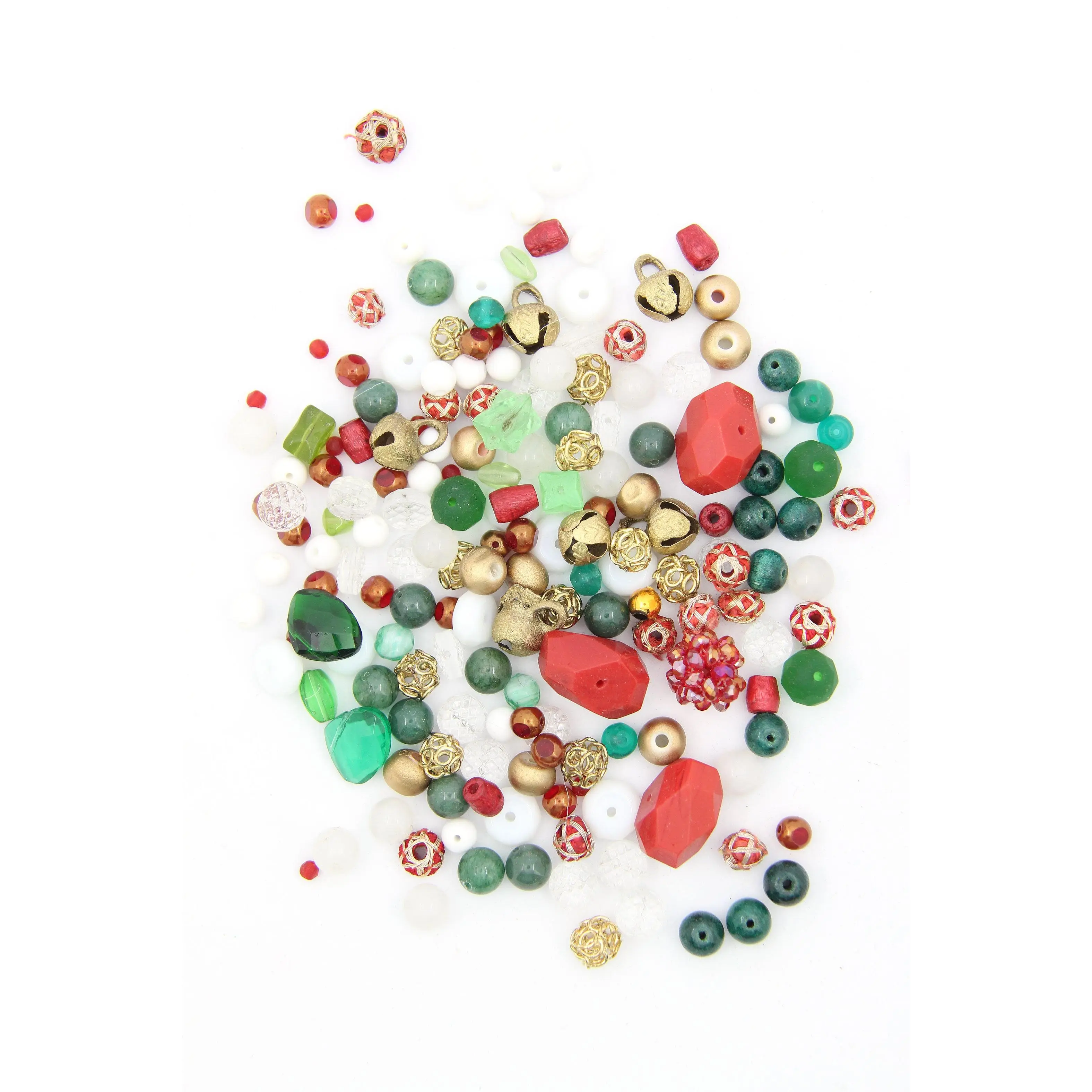 Christmas Bead Grab Bag, Red, Green, White, Gold, Brass Bells, 125+ beads.