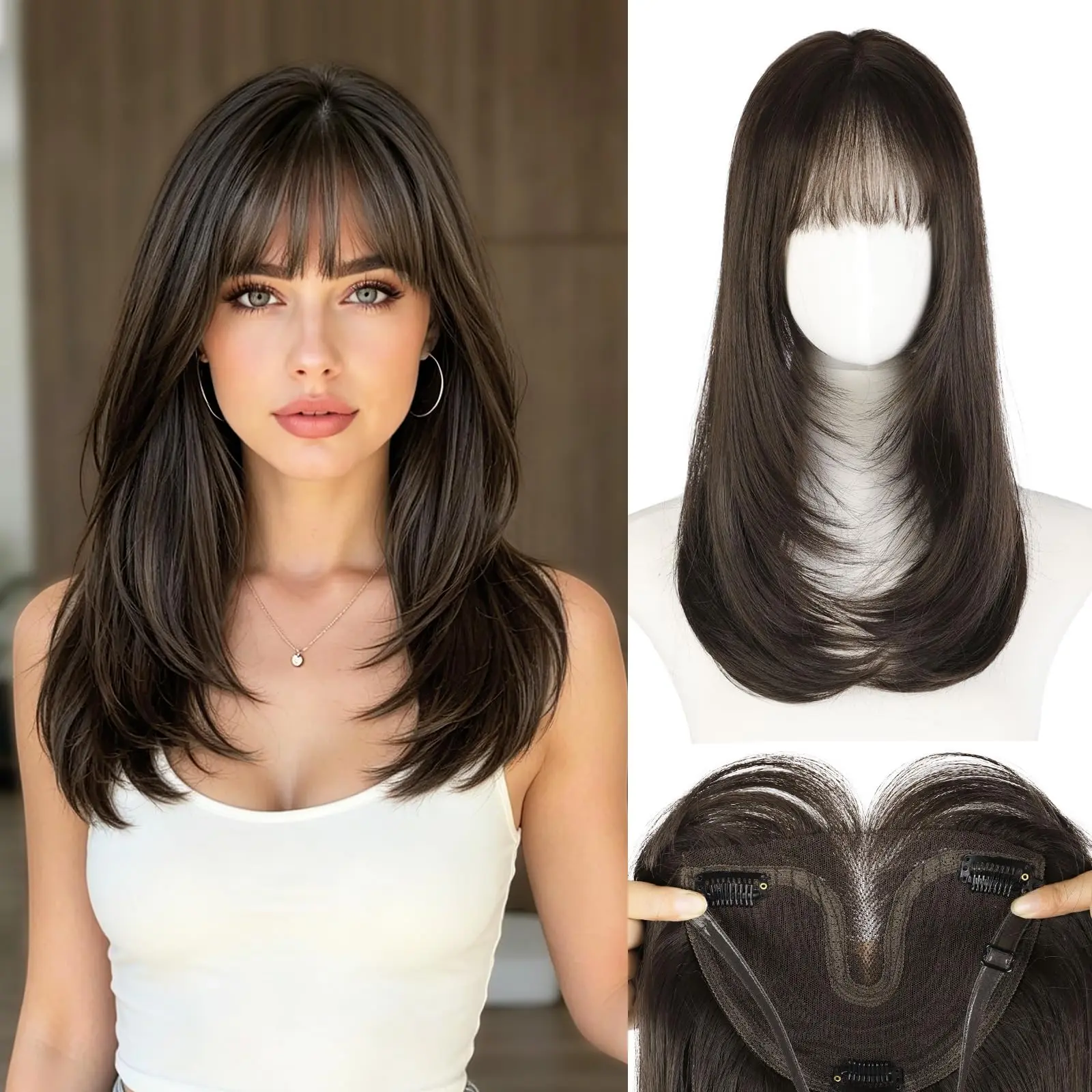 AISI HAIR Hair Toppers for Women with Thinning Hair, 20 Inch Toppers Hairpieces for Women Clip in Bangs 360° 3D Realistic Scalp Synthetic Hair Silky Top Wig
