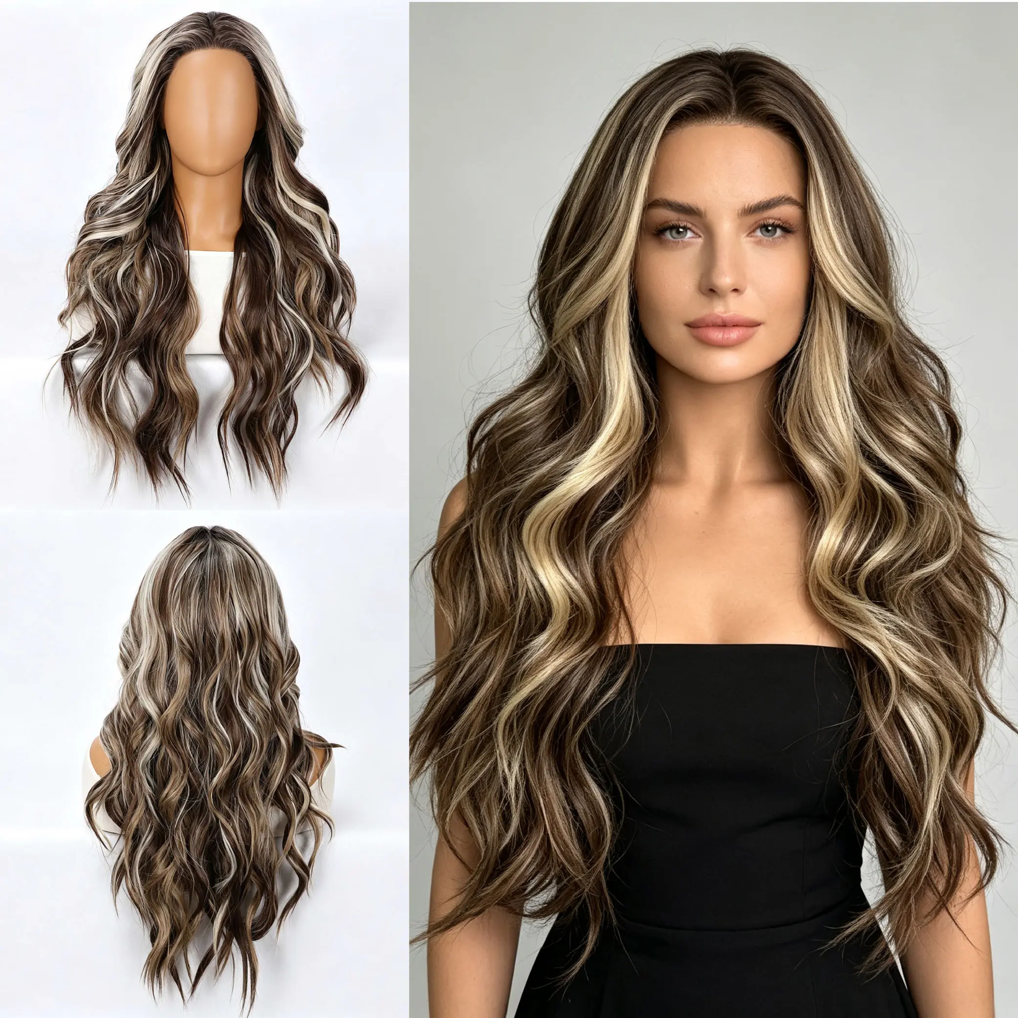 Women's long voluminous wavy wig with lace detailing center part dark brown with honey-gold highlights synthetic wig. Easy to wear beginner-friendly Suitable for everyday wear and as a holiday gift Women's wig full cap