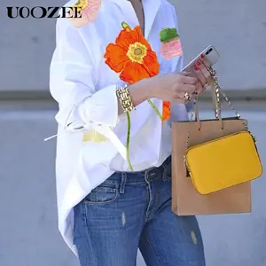 UOOZEE Women's Polyester Spring Artistic Print White Blouse - Round Neck, Long Sleeve, Loose Design, Short Length, Oversize, Slimming Cut, Commuting & Party Wear Shirts, Women's Clothes